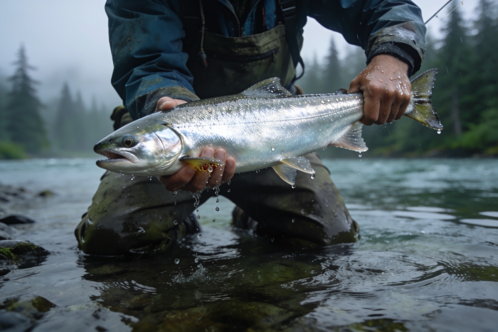 A chrome bright salmon held over the river after a clean release